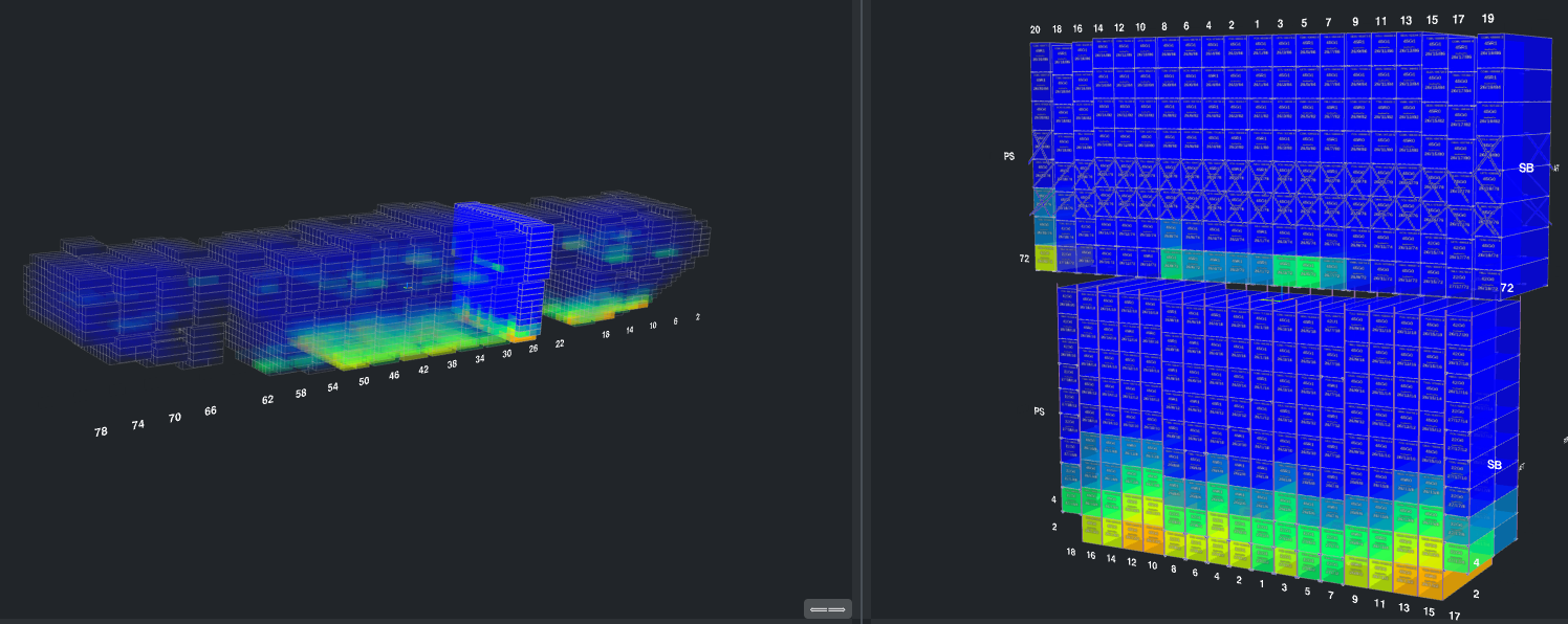 3D lashing force visualisation across container bays